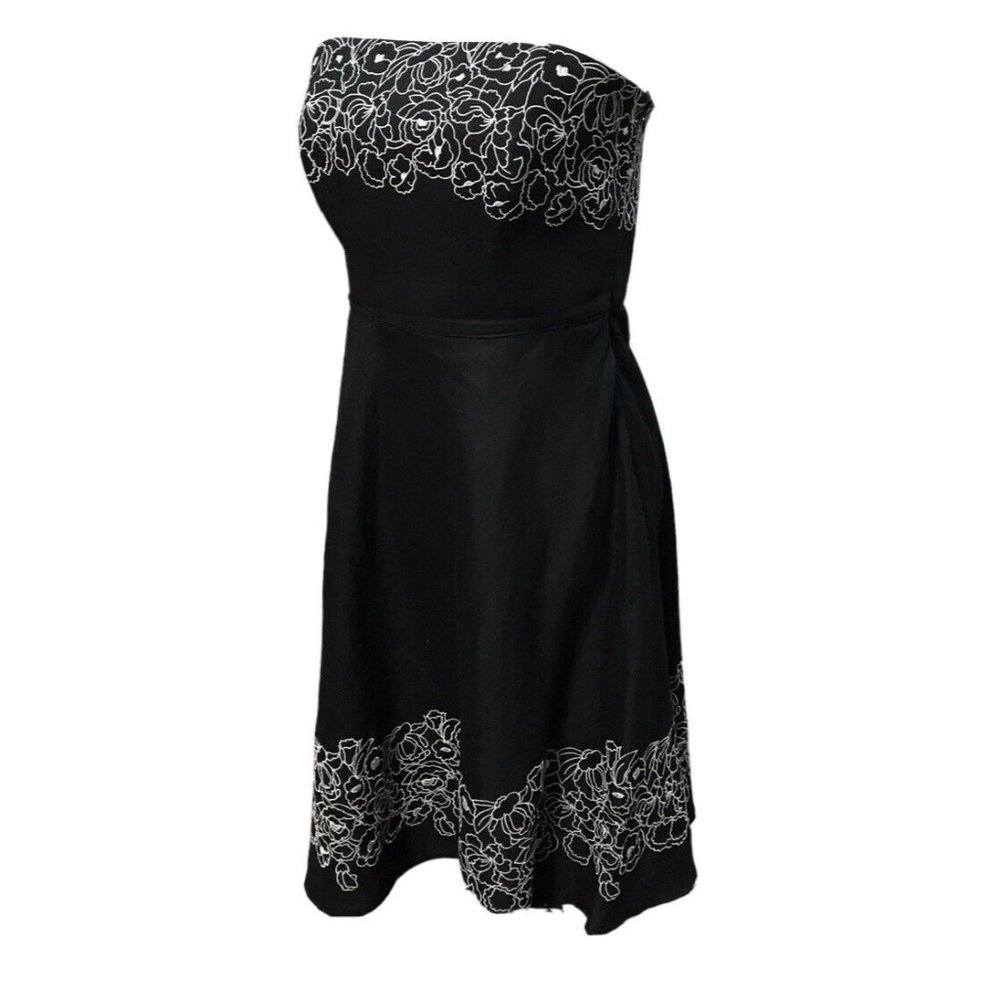 Ann Taylor Black Lined Linen Strapless Floral Embroidered Dress Sz 8 P